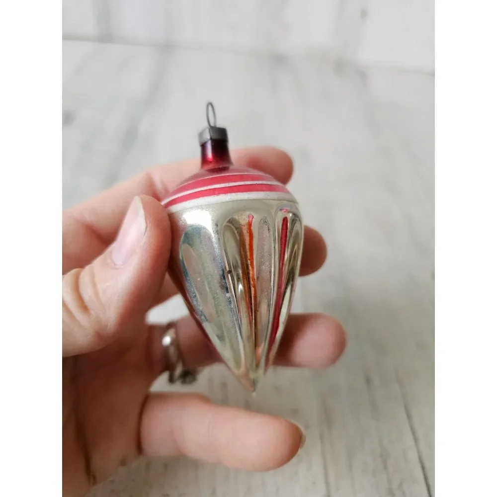Antique torpedo topper‎ red striped glass ornament silver Xmas tree